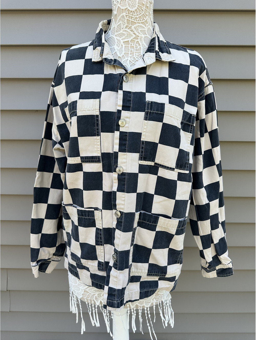 FOREVER 21 Men's Black and Cream Checkerboard Button Up Jacket